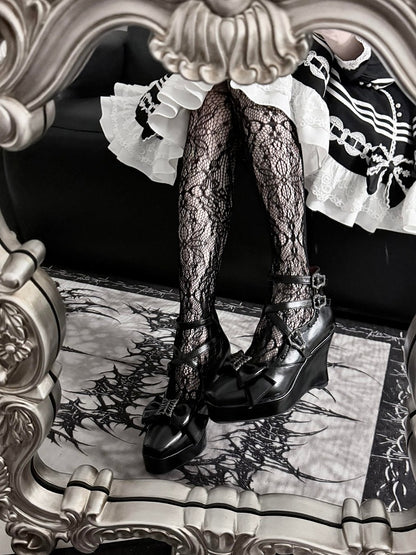 Elegant Gothic Lolita Black Shoes with Butterfly Bow & 10cm Slope Heel - sphenoid