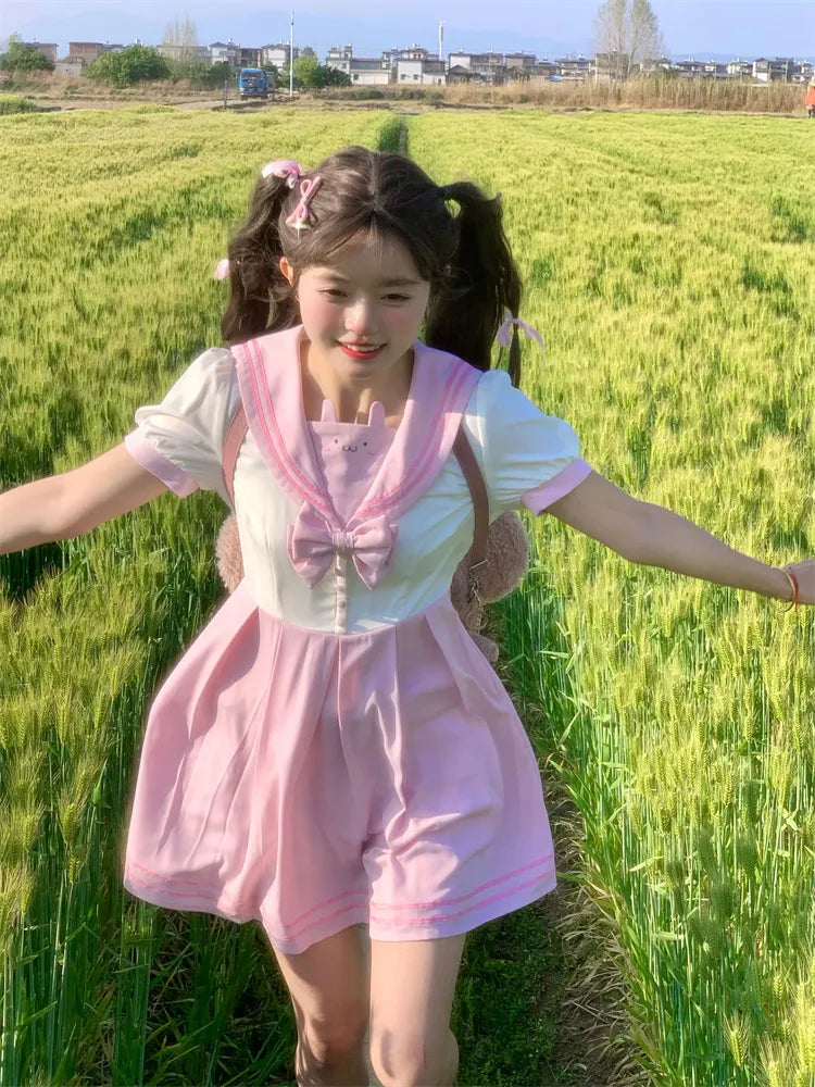 Pleat Bowknot Ears Bunny Collar Sailor Dress Pink Cute and White Box Skirt