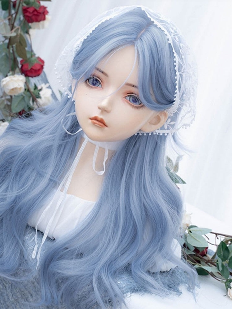 カーテンバング付きブルーロングウェーブ合成ウィッグ