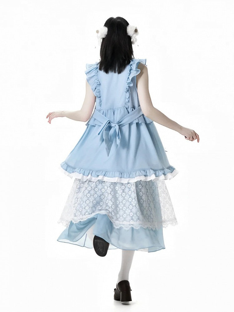 Rococo Back Buttons Style Blue Flutter Sleeves Big Sleeveless Dress Knot Cheongsam Details Tassel Bow