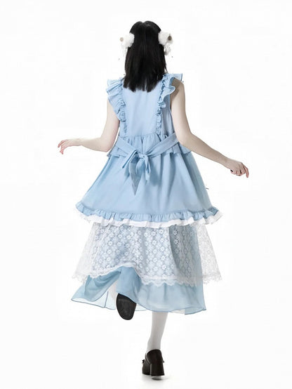 Rococo Back Buttons Style Blue Flutter Sleeves Big Sleeveless Dress Knot Cheongsam Details Tassel Bow