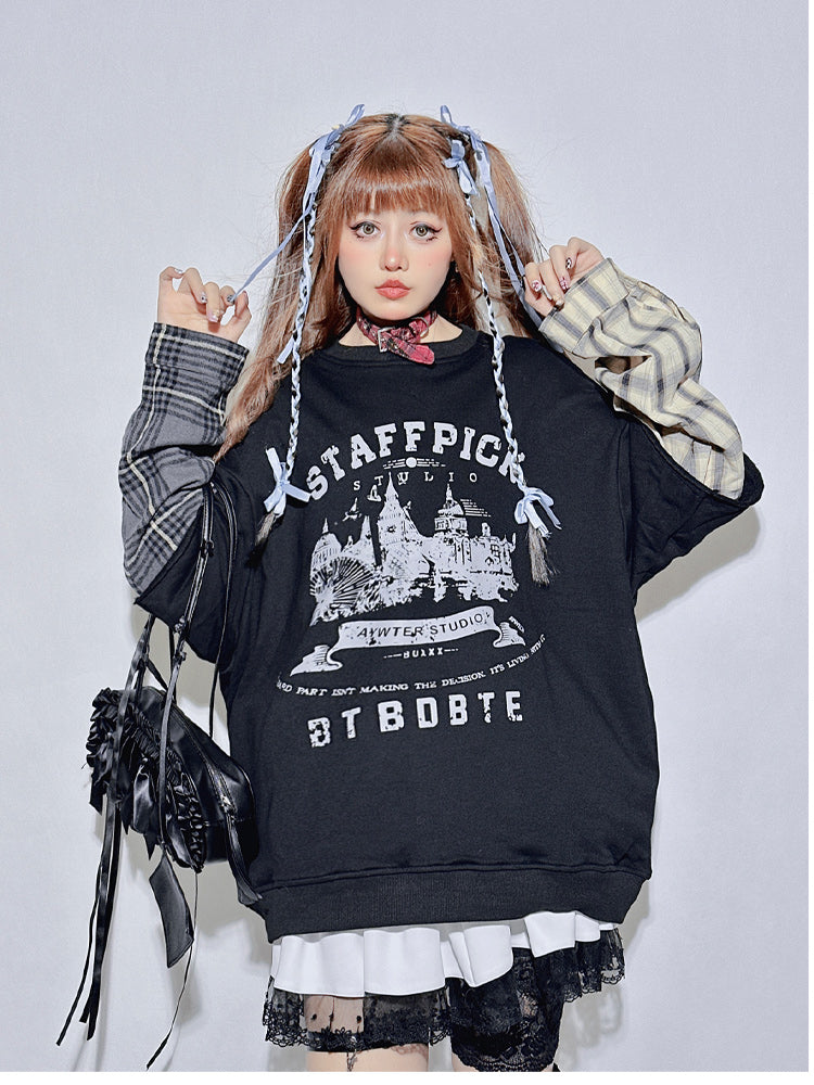 Black Plaid Round Neck Letter Layered-Look Sweatshirt