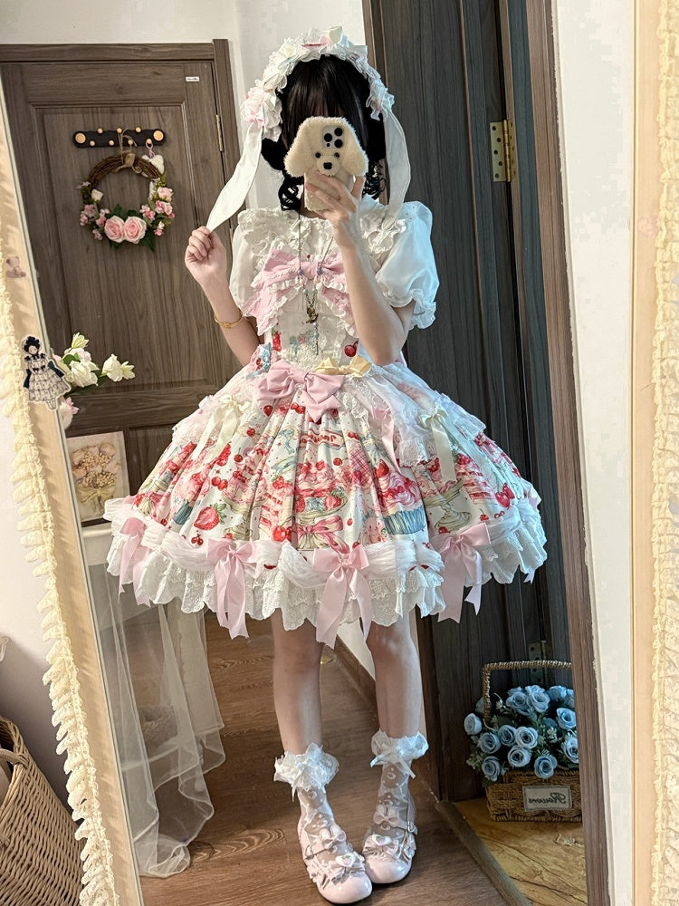 Erdbeerkuchenkleid Süße Printmode mit Schleife Hase Weiße Akzente Lolita und