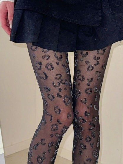 Semi-Sheer Pantyhose Glitter Print Leopard