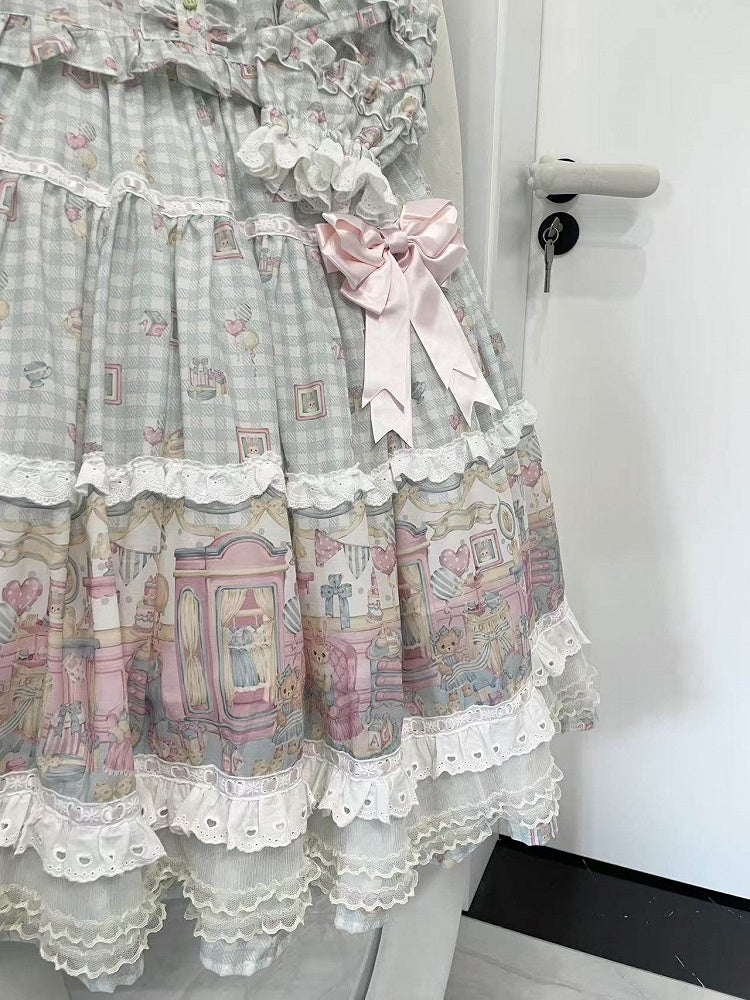 Sweet Peter Hat Lolita Plaid + Pan Print Top Bear Set Collar Skirt Pink Green