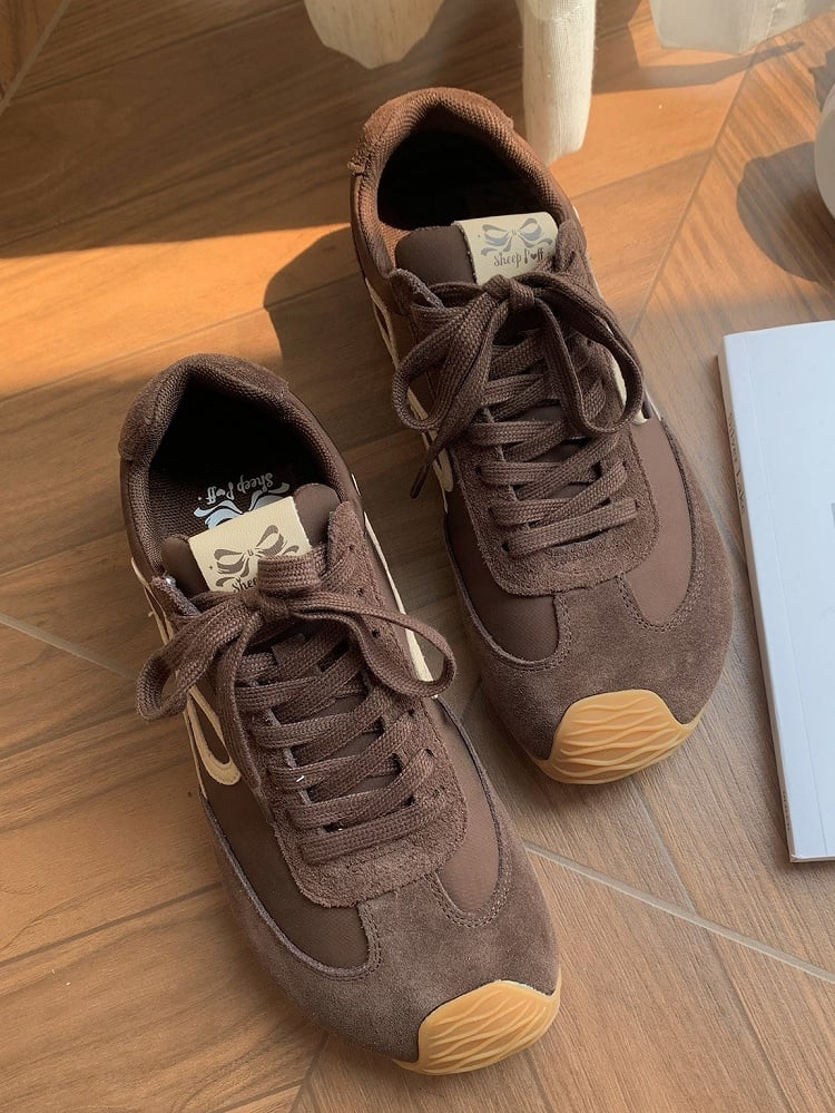 Design Bowknot Ties Front Lace-up Brown Sneakers