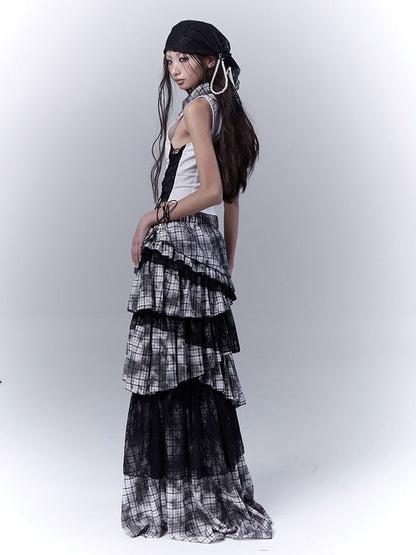 Regular/Long Version Asymmetrical Tiered Plaid Skirt Black Punk