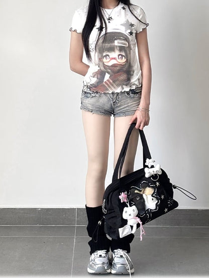 T-shirt Hem Star Print White BJD Ruffled Doll and