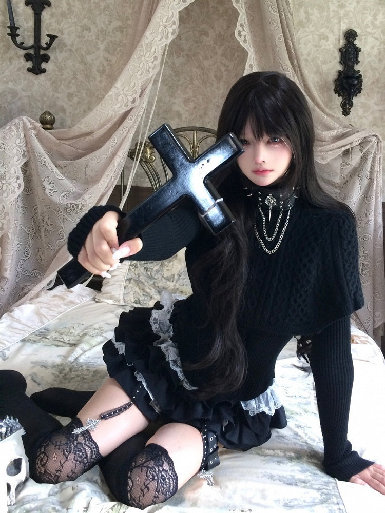 Shawl Curved Hem Sweater Button-Front Black with Detachable