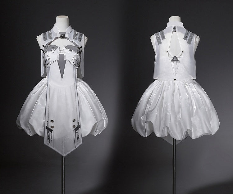 Cyberpunk White Bubble Dress and Cropped Vest Set - Xiong Dou Jiang