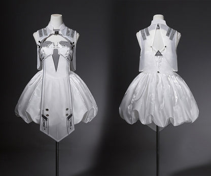 Cyberpunk White Bubble Dress and Cropped Vest Set - Xiong Dou Jiang