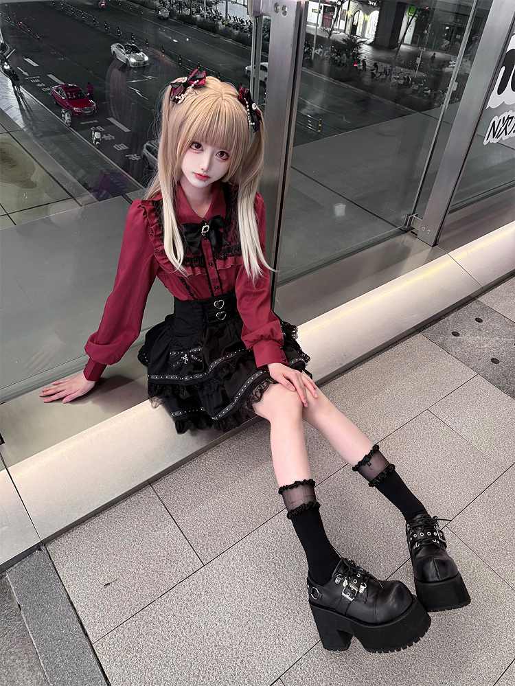 Lace Wine Black Trim Red Blouse Kei Jirai Bittersweet with Long Sleeves