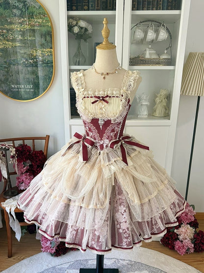 Top Rot Zweistäbchen Korsett mit Schleifen Perlen Wein und Details