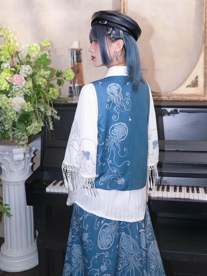 Blue Asymmetric Vest with Jellyfish Print & Embroidered Details - Quirky Hut