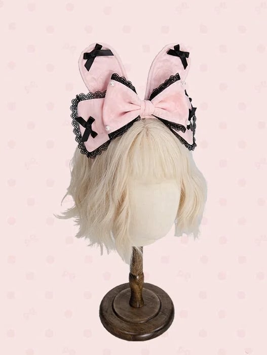ウサギの蝶結びと白/黒の耳 KC ピンク