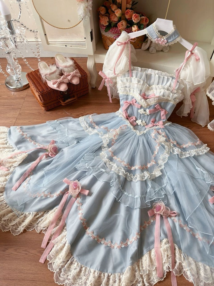 Blaue Basken-Taille mit floralen Schleifenknoten, Hanayome Lolita OP / Komplettset