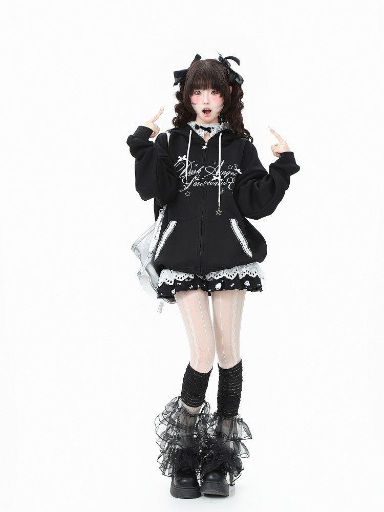 Accent with Bow Hoodie Letter Blue/Black/Pink and Print Lace-Trimmed