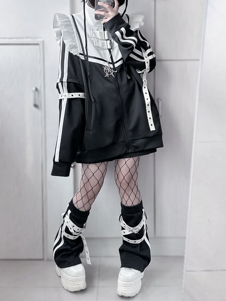 Detachable Kei Buckle with Leg White Warmers Jirai Cross Flared Strap Black