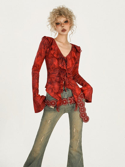 Sleeves Tie-Front Cardigan Ombre Bell Red Knit Ribbed with