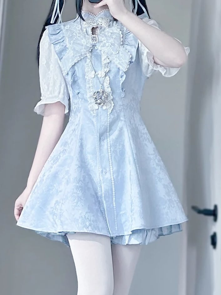 Jirai Blue Tie+Hairclips Light Kei Y2K Sleeves Dress+Shorts+Bow Set-Cheongsam Collar Short