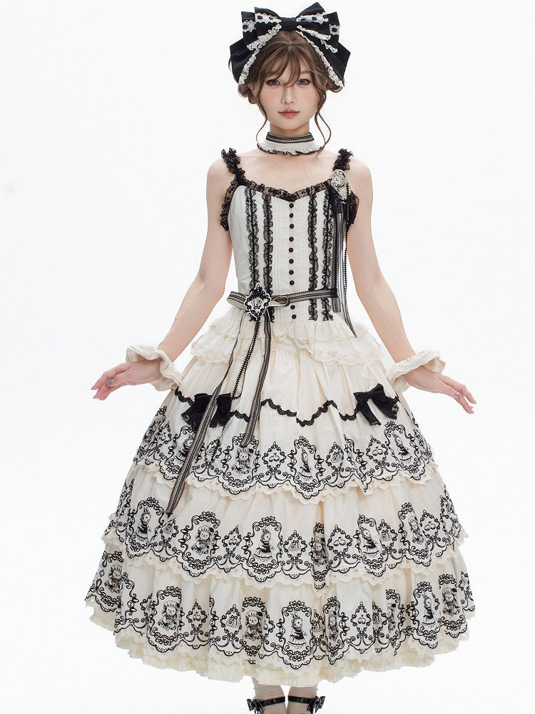 White Layered with Scalloped Black Set Rabbit Trim Skirt Top Pattern Camisole + Lolita Edge Elegant
