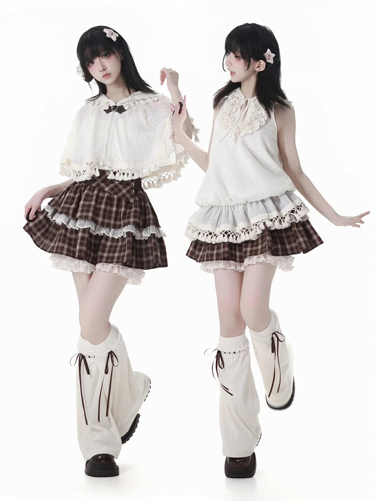 ブラウンのチェック柄レーストリムのティアードスコート