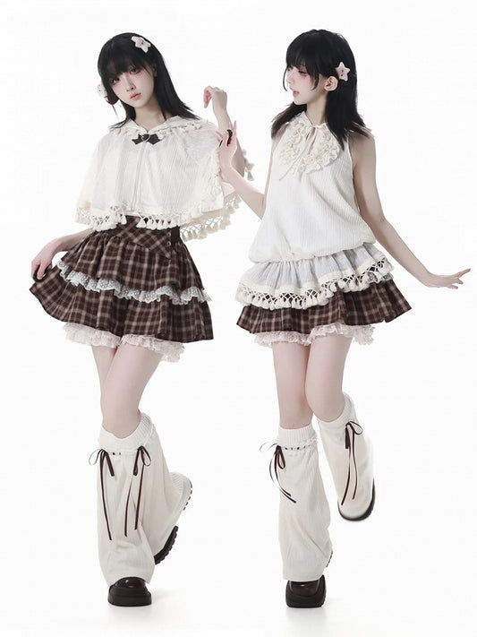 ブラウンのチェック柄レーストリムのティアードスコート