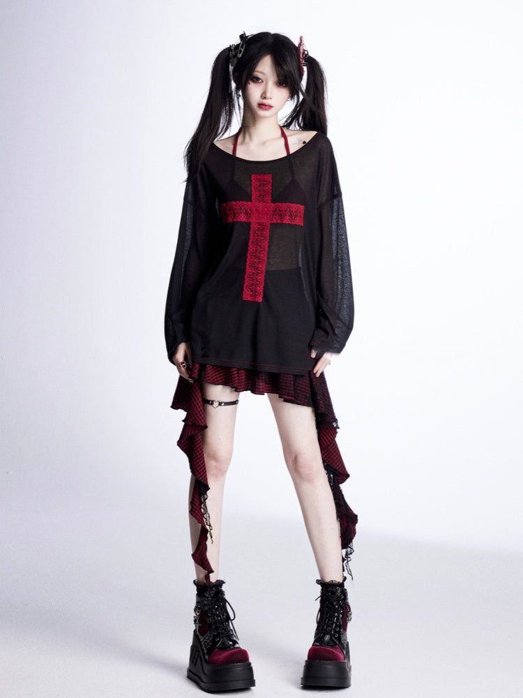 Lace Cross Black Asymmetrical Sun Protection Coverup Red Neckline