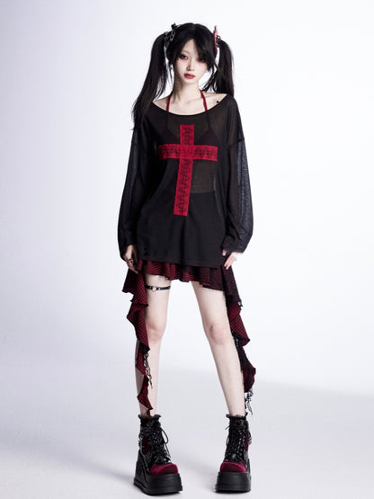 Lace Cross Black Asymmetrical Sun Protection Coverup Red Neckline