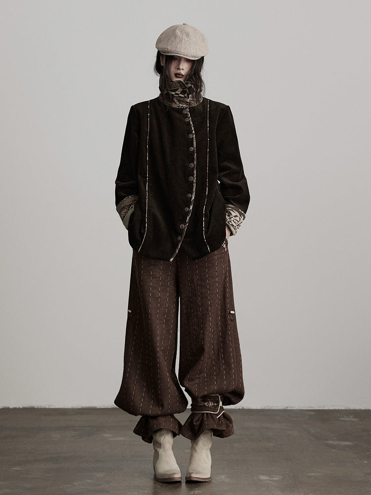 Urban Design Pants Leg-Cuff Dark Wide-Leg with Embroidered Goth Striped Thick Coffee