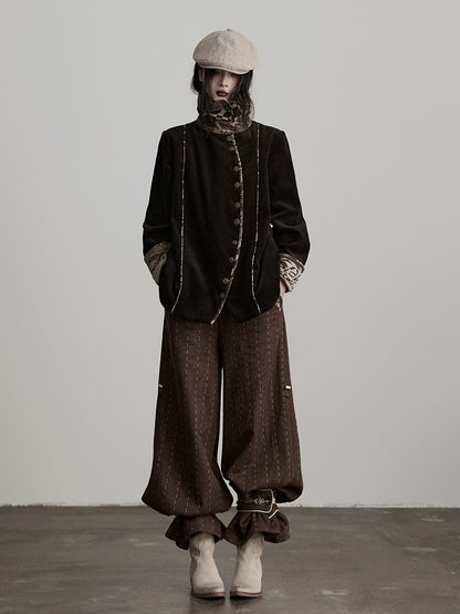 Urban Design Pants Leg-Cuff Dark Wide-Leg with Embroidered Goth Striped Thick Coffee