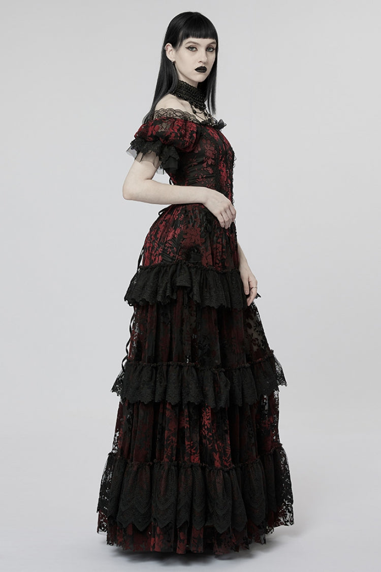 Short Puff Sleeves Print Ruffle Lace Women's Gothic Dress