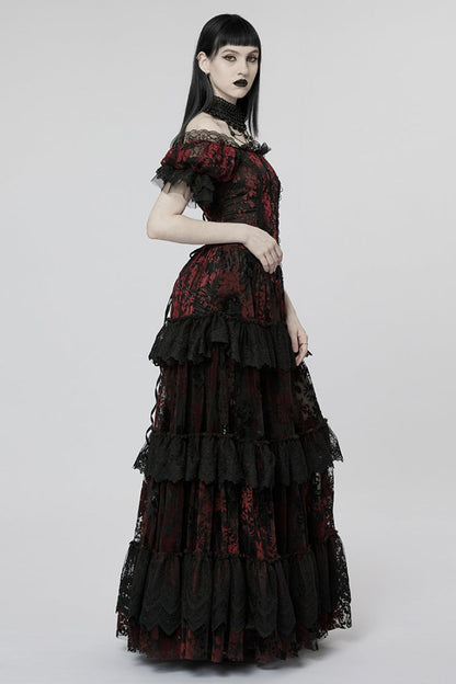 Short Puff Sleeves Print Ruffle Lace Women's Gothic Dress