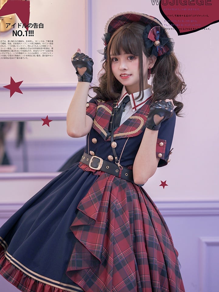 Blaues Kleid mit Kontrast-Rotkaro und goldfarbenen Knöpfen, Idol Lolita OP