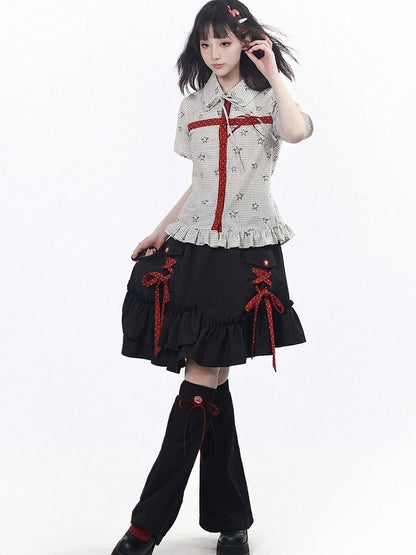 Light Gray Casual Kawaii Plaid & Star Pattern Peter Pan Collar Short Sleeve Shirt with Ruffle Hem - PINK SAVIOR