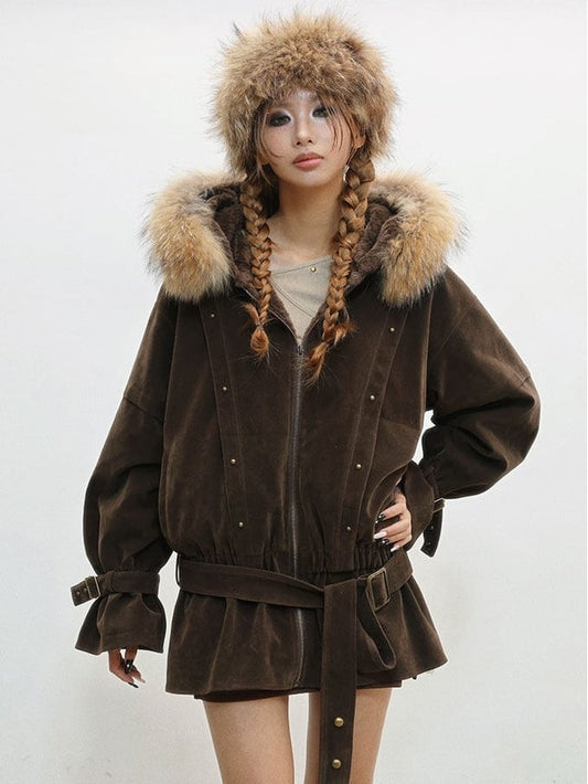 Hood Belt Coffee with Waist Plush Jacket - Hooded Edge Punk