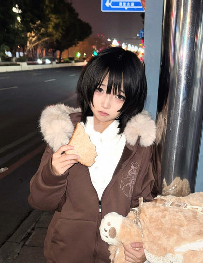 Necklace Fur-Collar Casual Starfish Anchor-Print Hoodie with Jirai Kei Zip Coffee