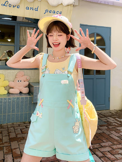 Shorts Overall Mint Green Cartoon Puppy Embroidery Straight-leg Cut