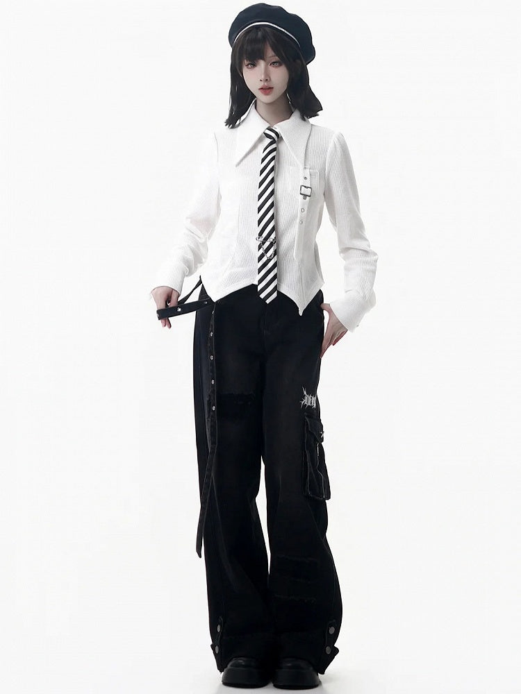 Striped Detail Black with Pin White Necktie