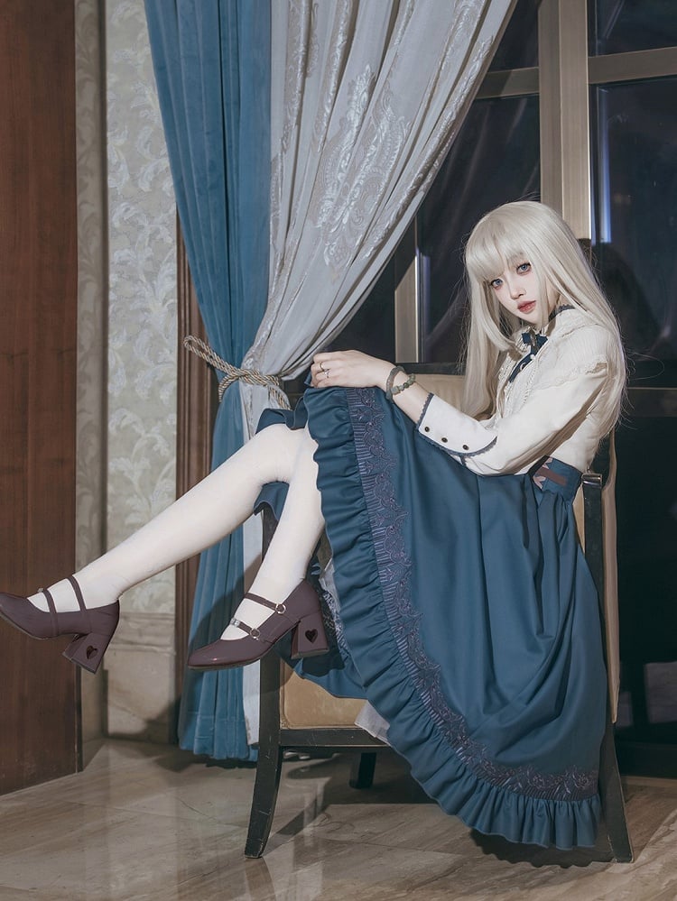Ruffled Blue High-Waisted Lolita Skirt with Flounce Trim - Xiong Dou Jiang