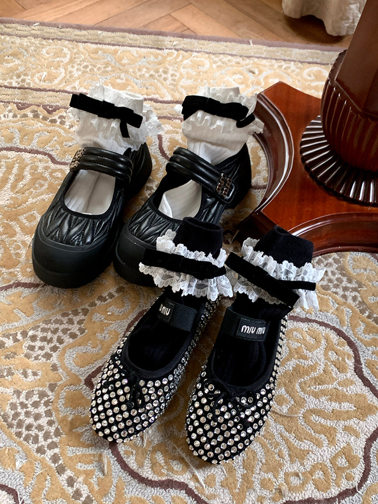Trim Socks Ribbon Mid-Calf Bow with JK Lace Black/White