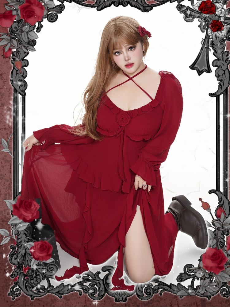 Plus Size Rosette Rotes Neckholder-Asymmetrisches Kleid