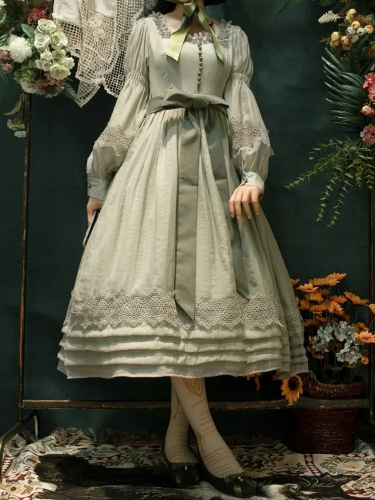 Green Square Neck Classic Lolita Long Sleeve OP