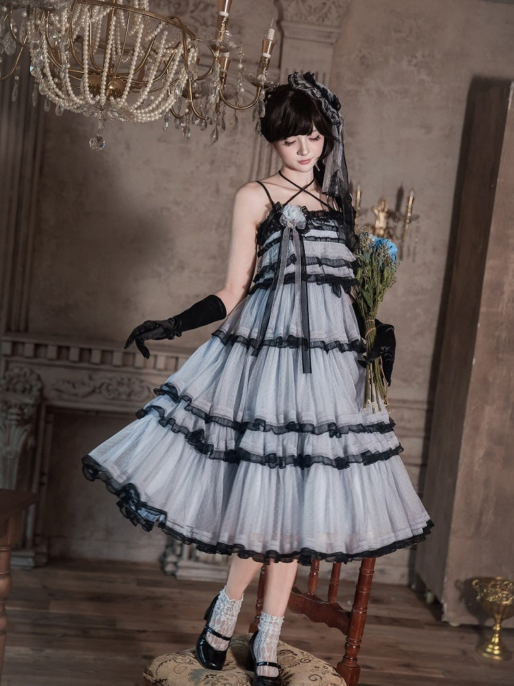 Navy-Black Sweet Lolita JSK with Lace & Layered Skirt - Aisling