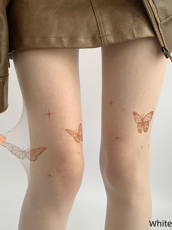 Print Tattoo Semi-Sheer Butterfly White/Nude Tights