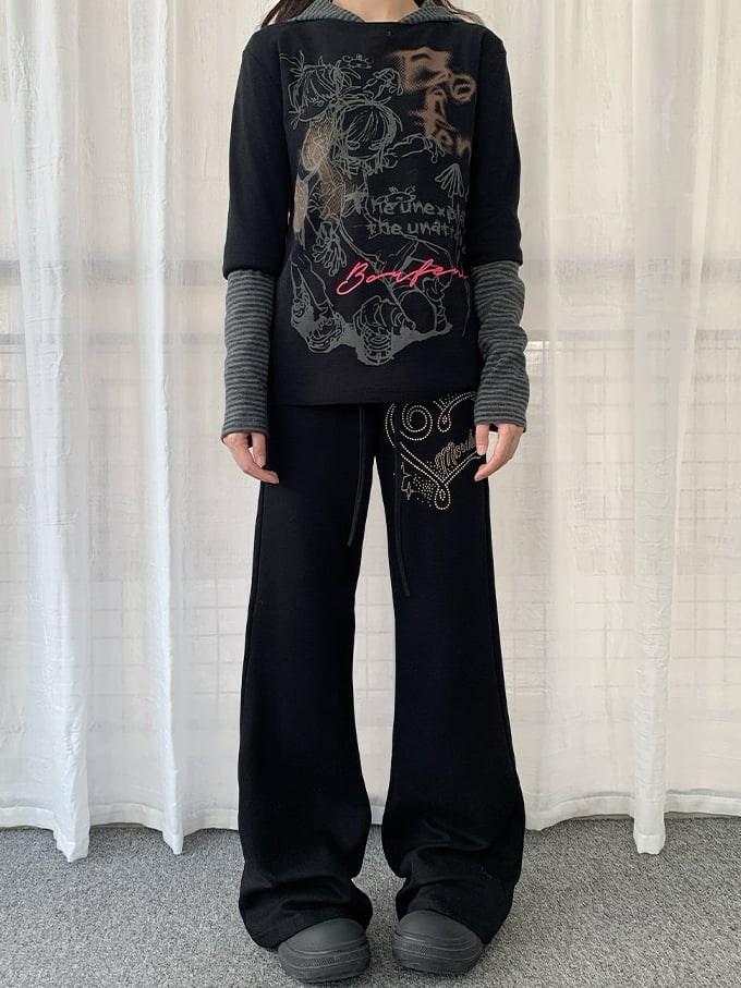 in Pants Black Drawstring Waist Accents with Flared Rhinestone