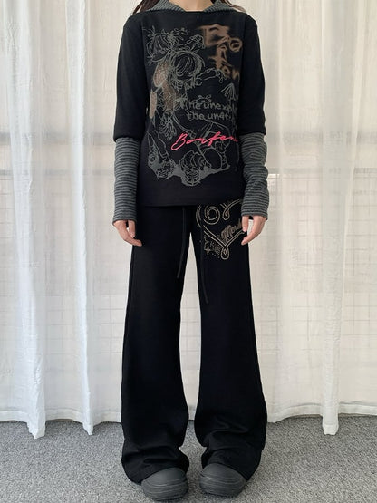 in Pants Black Drawstring Waist Accents with Flared Rhinestone