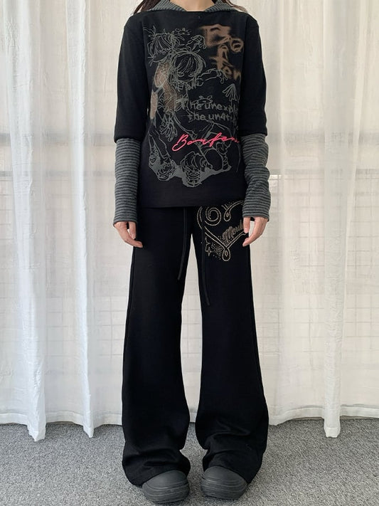 in Pants Black Drawstring Waist Accents with Flared Rhinestone