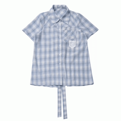 with Back Plaid Shirt Sleeves Short Blue Back Slit Bow Self-tie