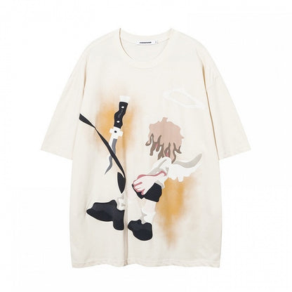 Beige Oversize Tee with Cartoon Boy Print
